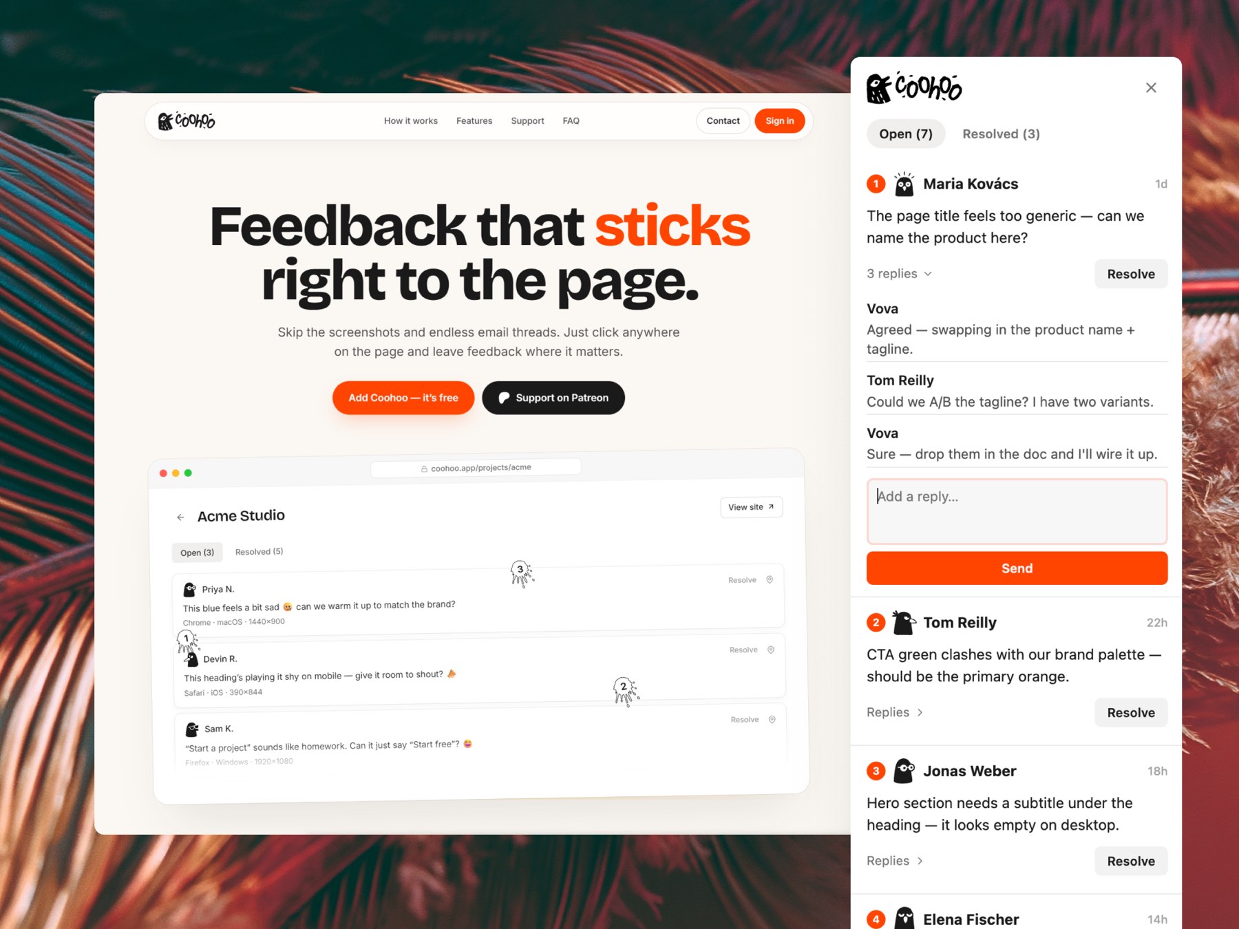 Coohoo landing page with the feedback panel open