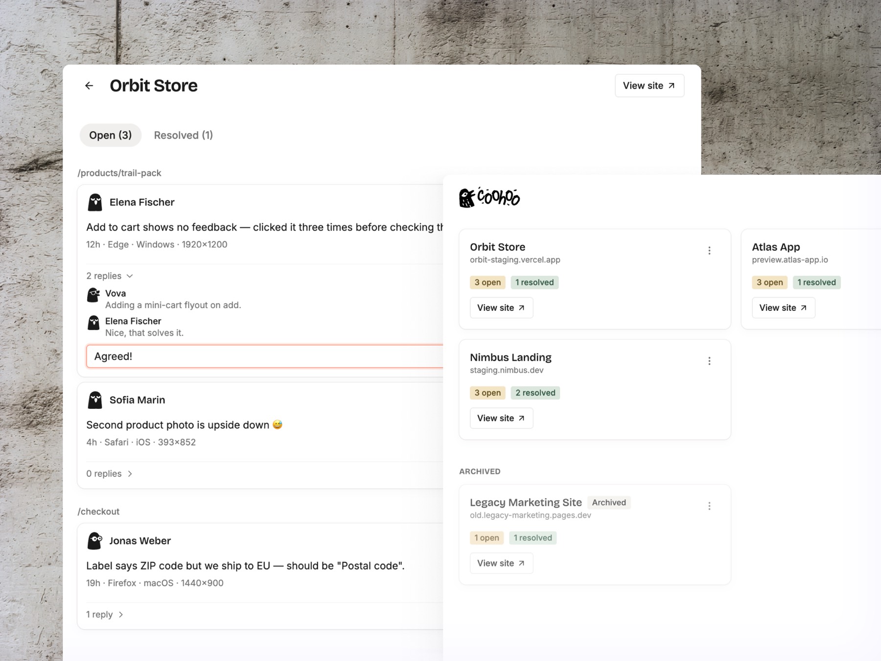 Coohoo dashboard: comment inbox and projects overview