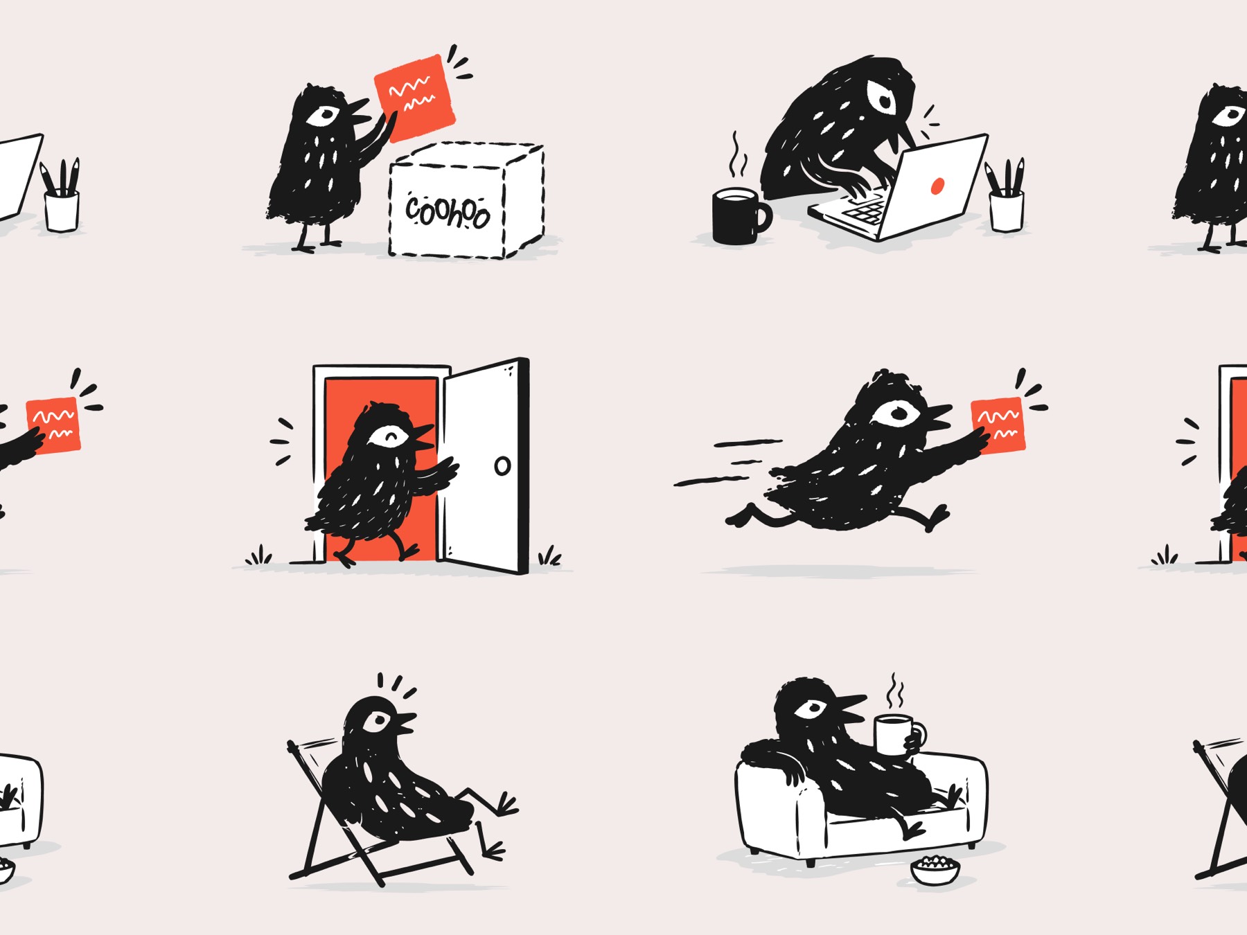 Coohoo character illustrations: the bird at work
