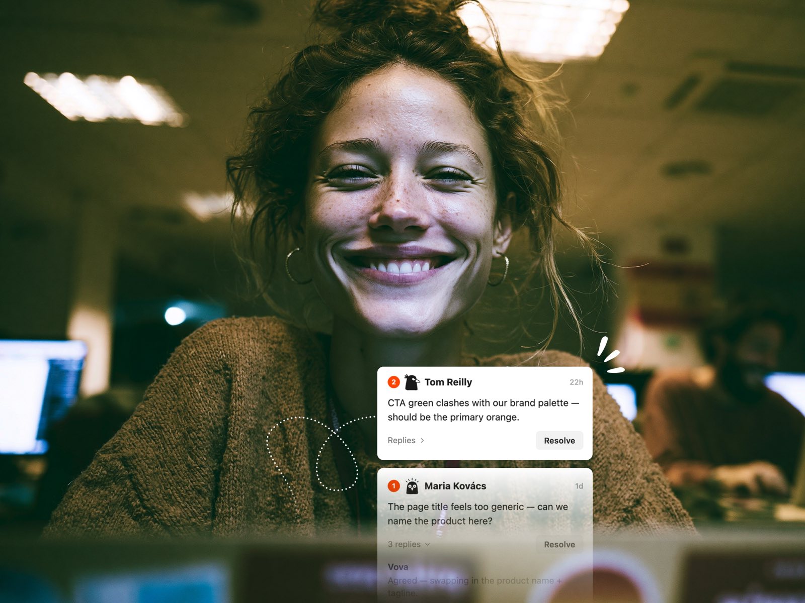 Coohoo in use: pinned feedback over a smiling reviewer