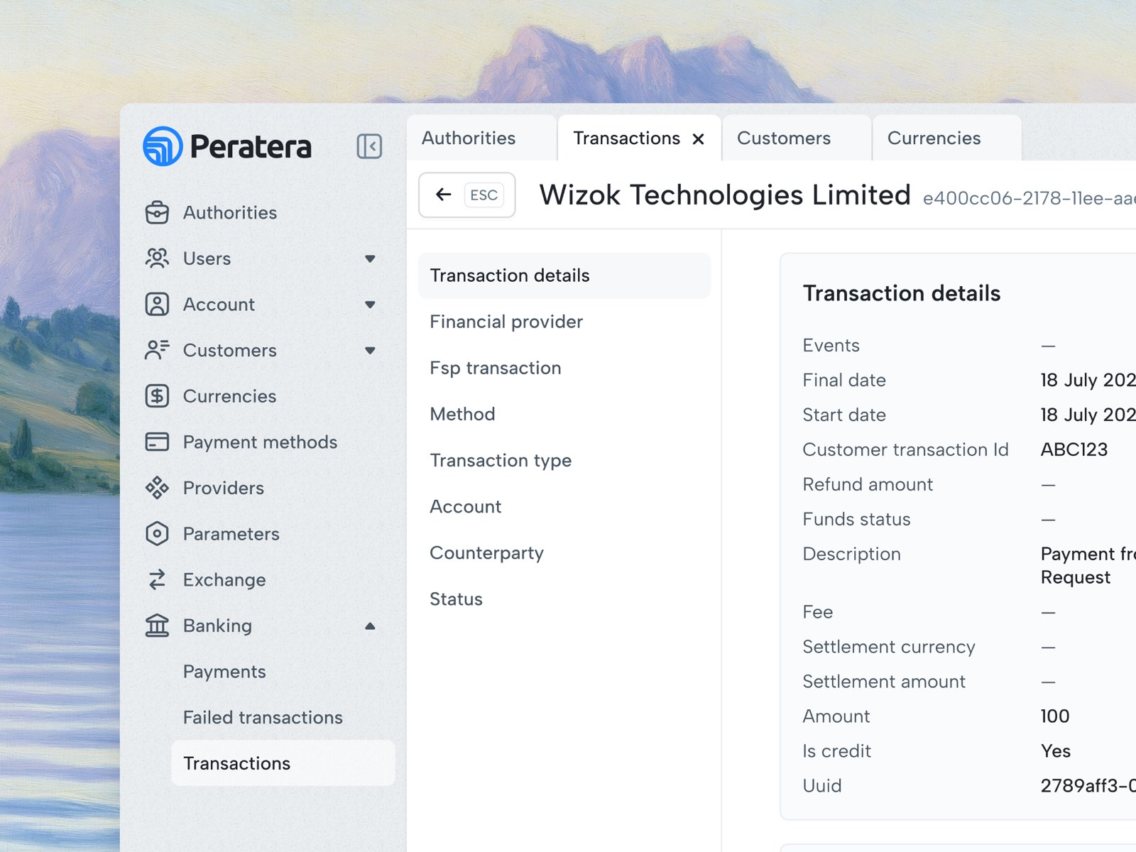 Peratera admin: transaction detail in the operations platform
