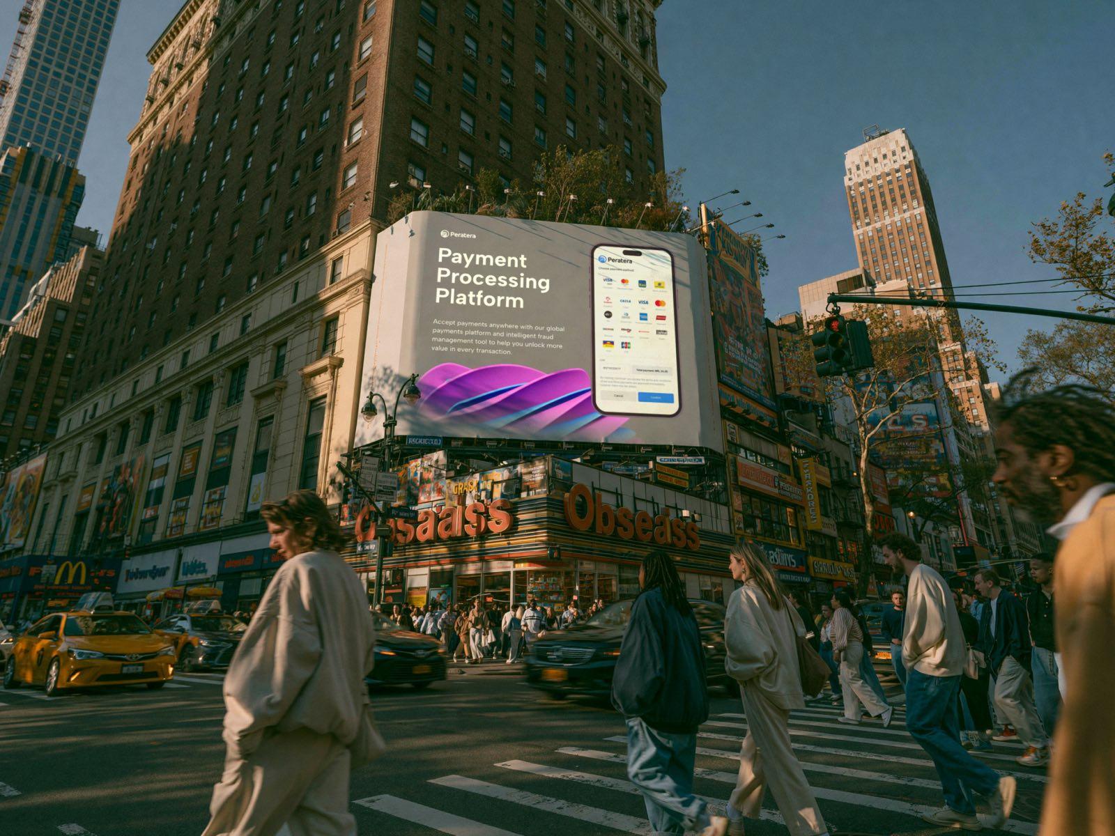 Peratera payment processing campaign on a city billboard