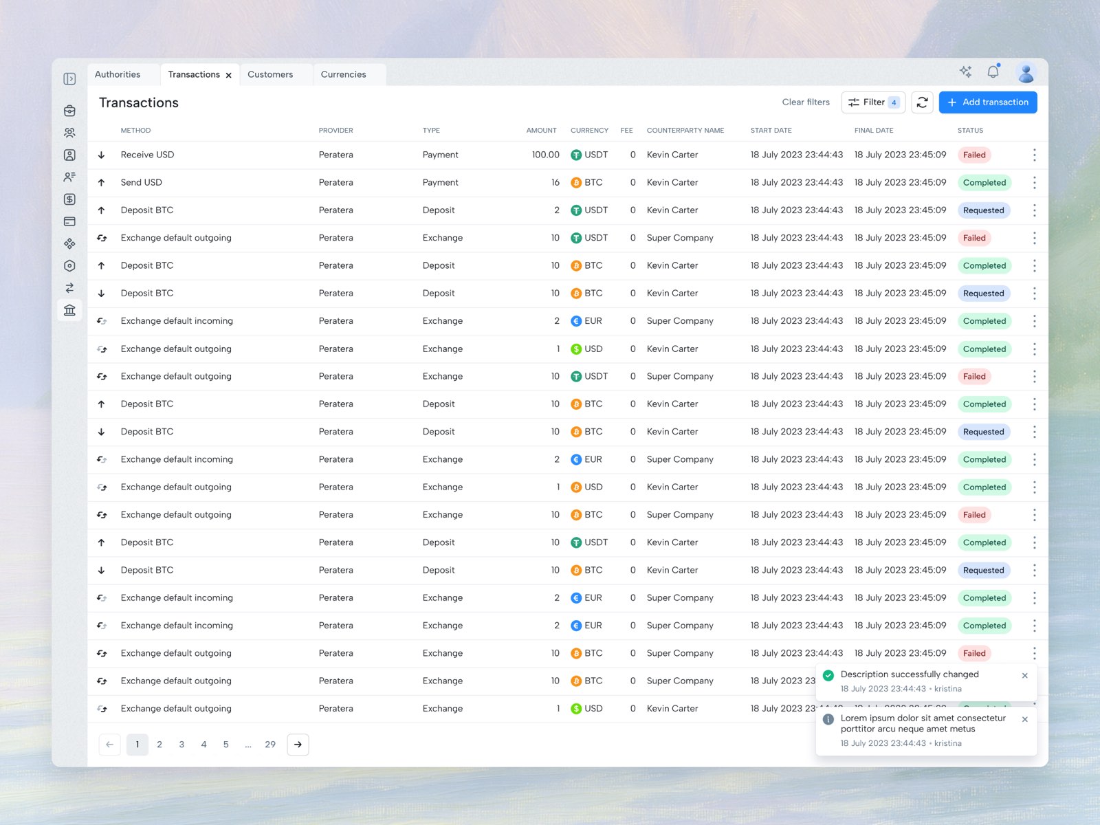 Peratera admin: transactions table across fiat and crypto
