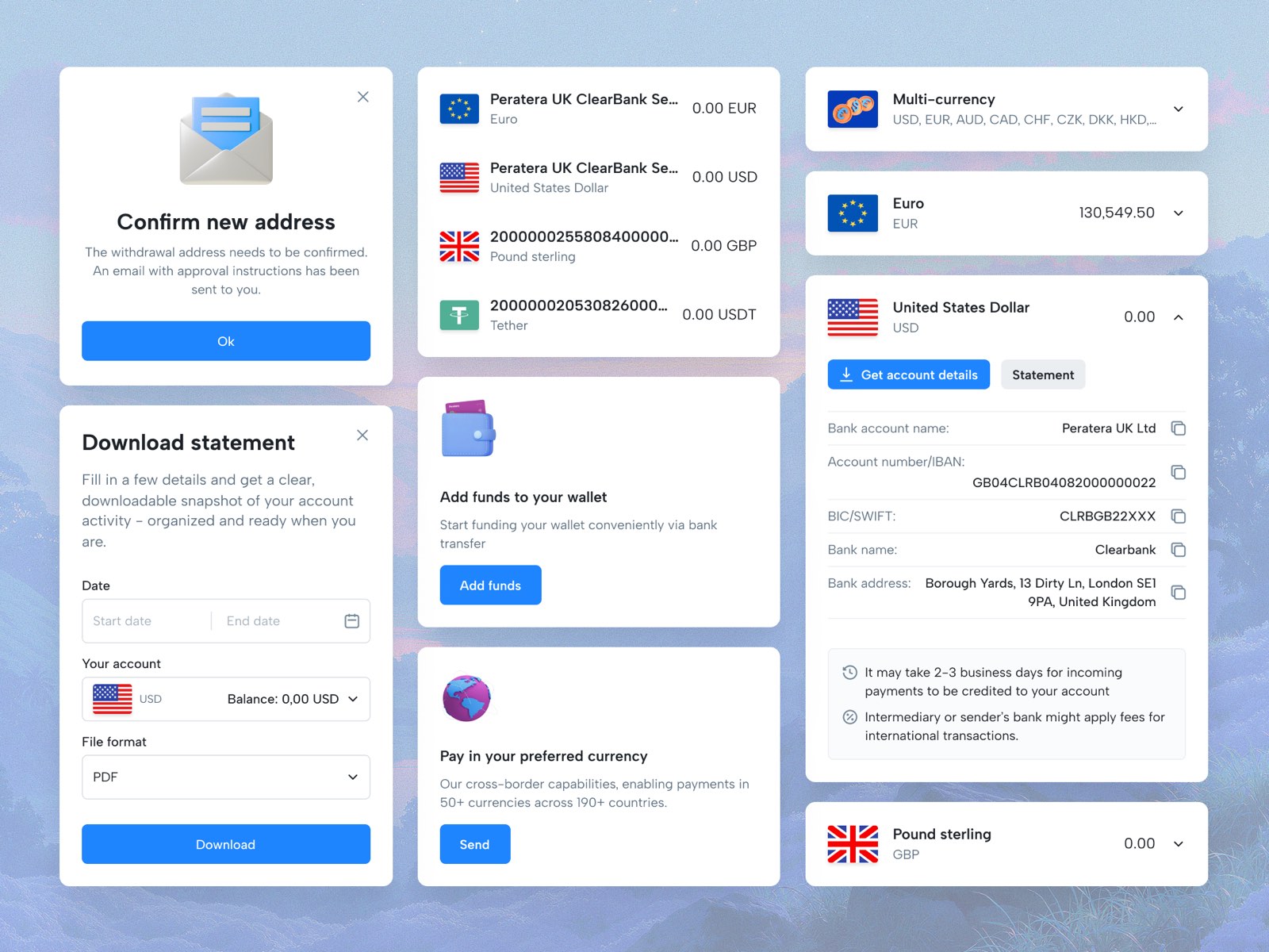 Peratera web app: multi-currency accounts, statements and transfers