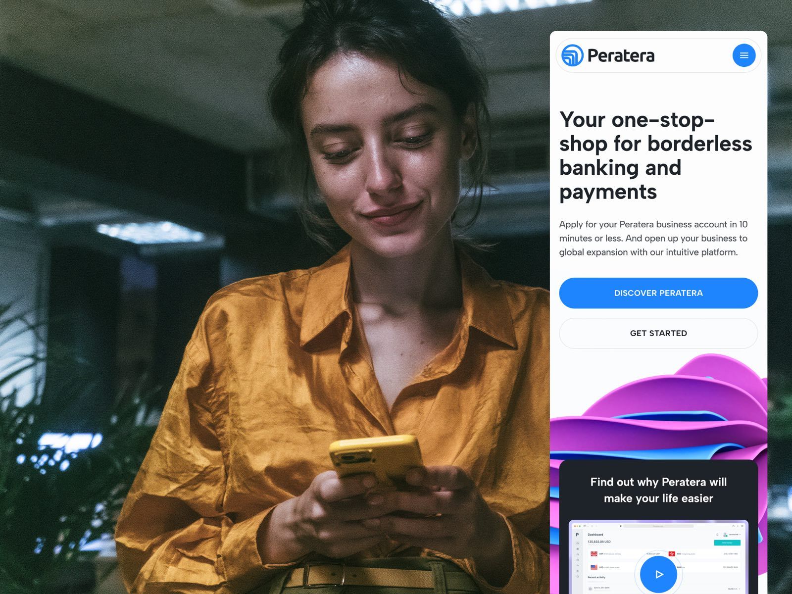 Peratera marketing site on mobile